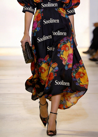 Boutique Black Deep-v Neck Print Chiffon Long Dress Puff Sleeve