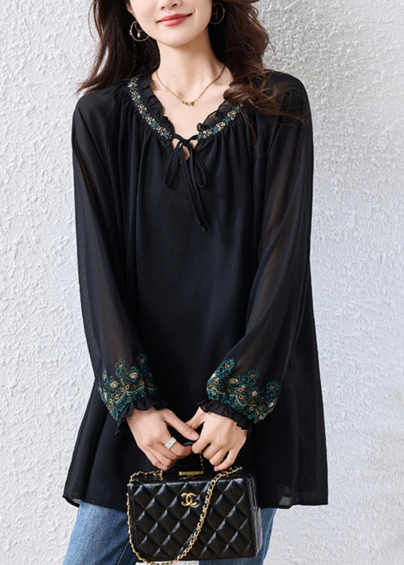 Boutique Black Embroidered Tie Neck Chiffon Blouse Tops Fall