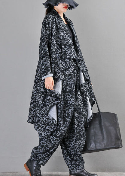 Boutique Black Grey Knit Asymmetrical Design Print Fall Coat
