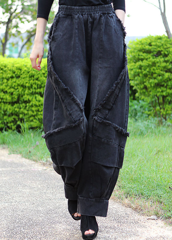 Boutique Black Grey Patchwork Winter Denim Pants