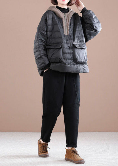 Boutique Black Hooded Patchwork Fine Cotton Filled Sweatshirts Top Winter