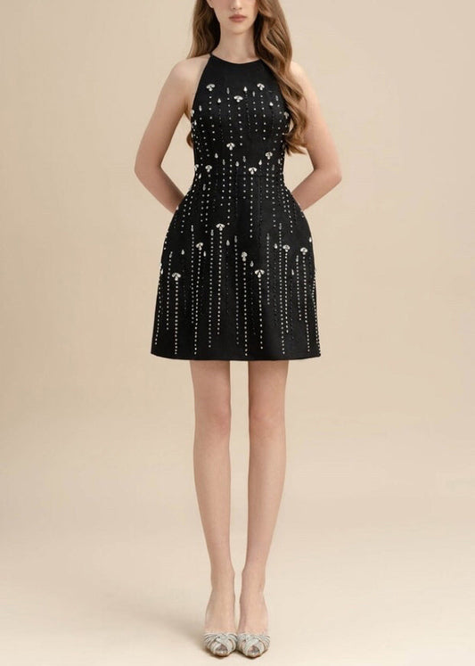 Boutique Black Nail Bead Zircon Cotton Mid Dress Sleeveless