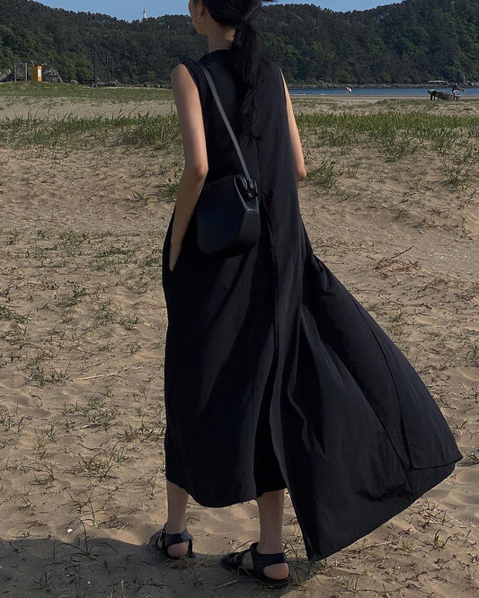 Boutique Black O-neck Asymmetrical Patchwork Maxi Dress Summer
