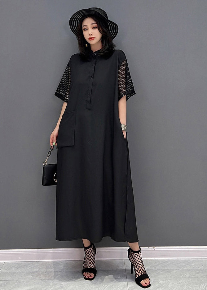 Boutique Black O-neck Button Pockets Side Open Dress Short Sleeve