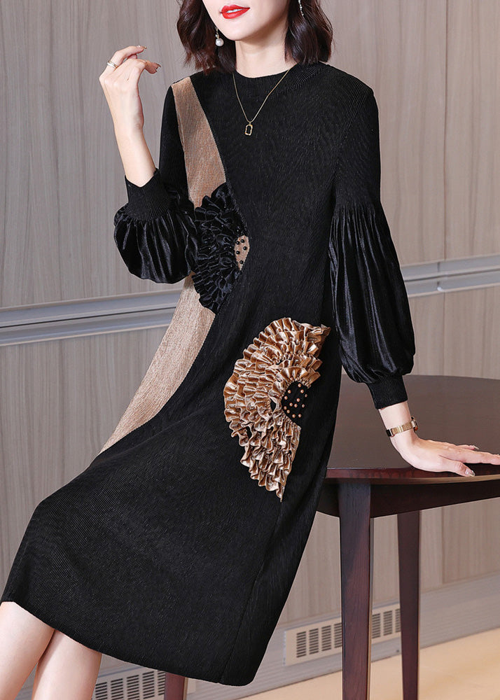 Boutique Black O-neck Embroideried Patchwork Wrinkled Velour Maxi Dresses Spring