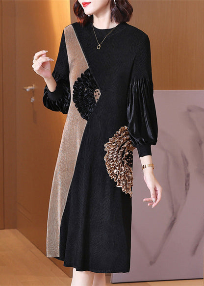 Boutique Black O-neck Embroideried Patchwork Wrinkled Velour Maxi Dresses Spring