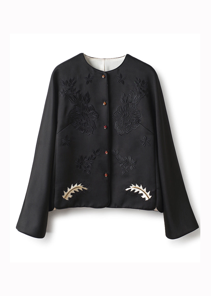 Boutique Black O-neck Embroideried Patchwork Silk Coats Fall
