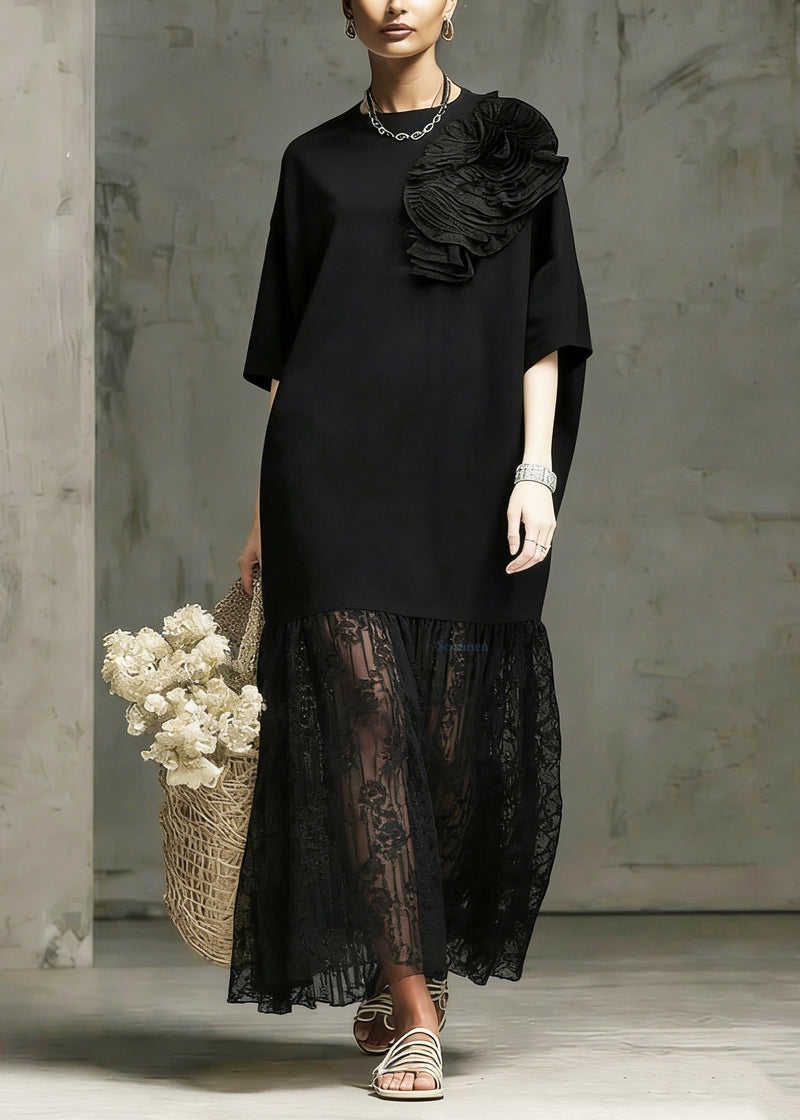 Boutique Black O Neck Lace Patchwork Cotton Dress Summer