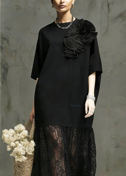 Boutique Black O Neck Lace Patchwork Cotton Dress Summer