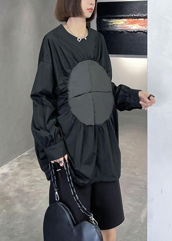 Boutique Black O-neck Patchwork Button Fall Long Sleeve Blouse Top