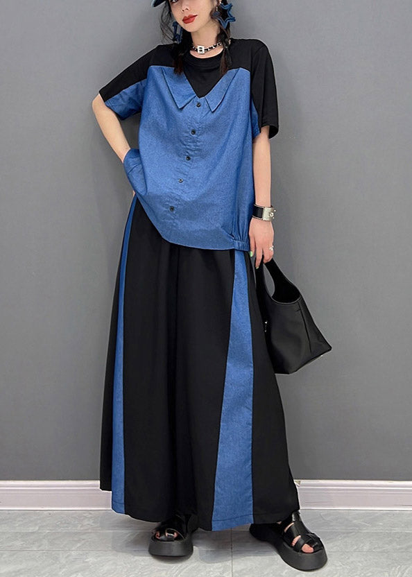 Boutique Black O-neck Patchwork Top and Long Pants Two Piece Set Summer