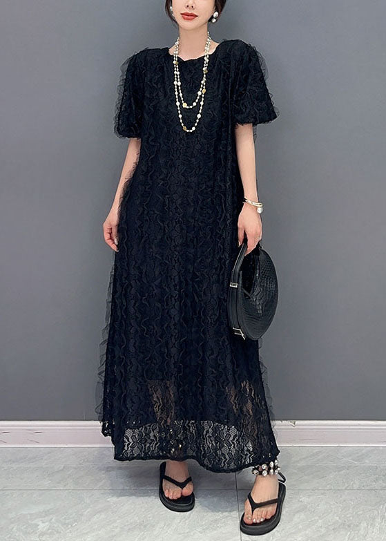 Boutique Black O-neck Ruffled Patchwork Long Lace Dress Summer