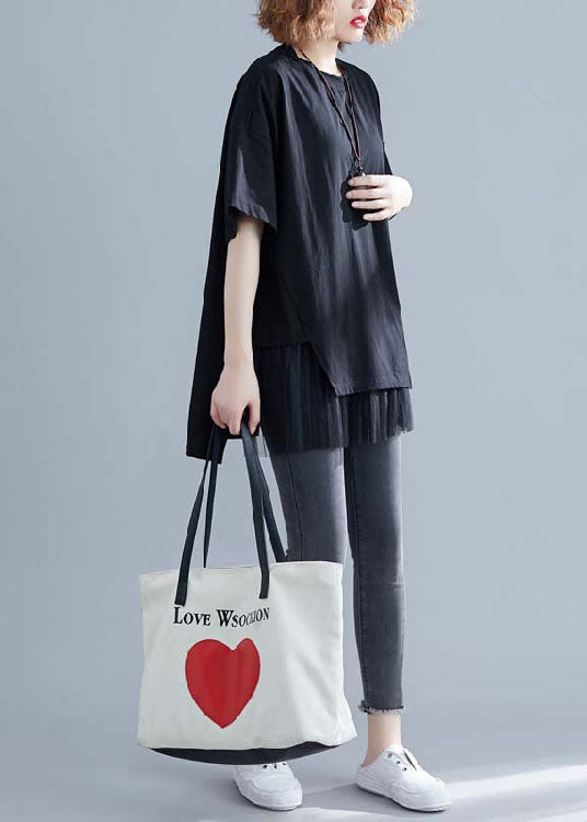Boutique Black O Neck Tulle Patchwork Cotton T Shirt Short Sleeve