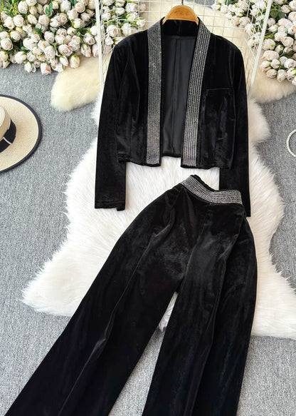Boutique Black Patchwork Zircon Cardigans and Wide Leg Pants Two Pieces Set Spring