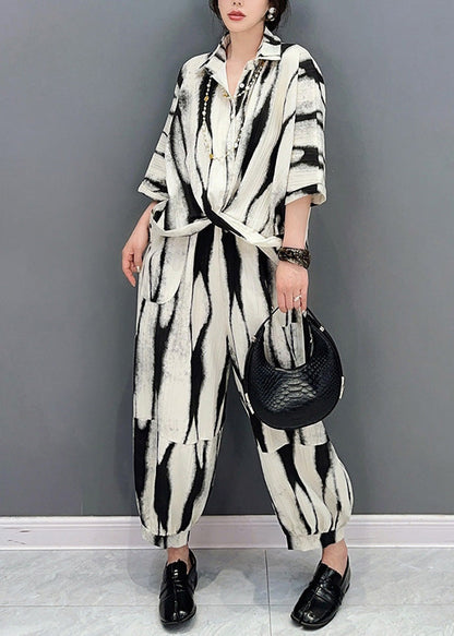 Boutique Black Peter Pan Collar Striped Patchwork Shirts and Lantern Pants Two Pieces Set Short Sleeve