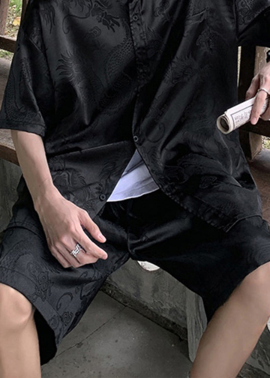 Boutique Black Pockets Print Ice Silk Beach Shorts Summer