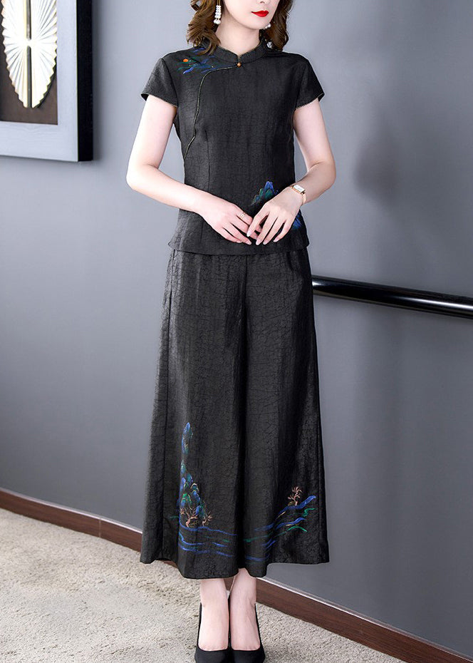 Boutique Black Print Tops and Pants Silk Two Pieces Set Spring