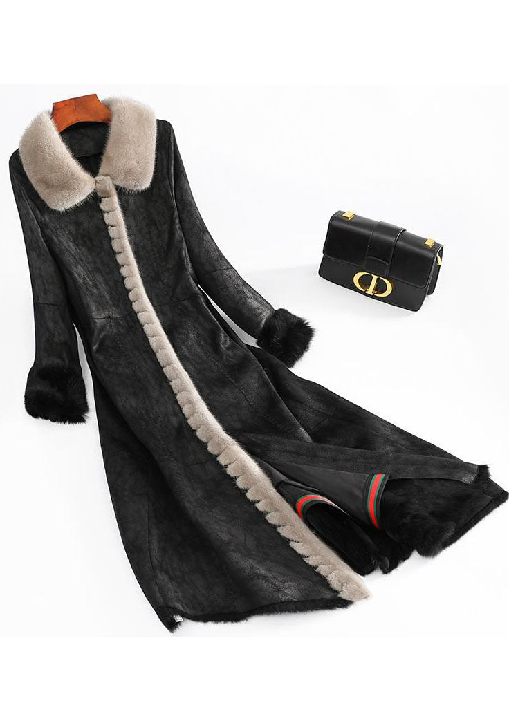 Boutique Black Rabbit Hair Collar Slim Leather and Fur Lengthen Parka Winter