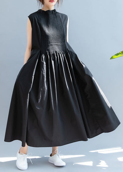 Boutique Black Ruffled Wrinkled Cotton Dresses Sleeveless