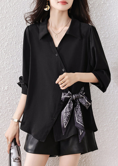 Boutique Black Scarf Tie Waist Cotton Shirts Fall