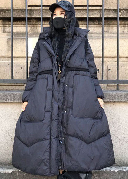 Boutique Black Stand Collar Hooded Drawstring Pockets Cotton Blend Cinch Coats Winter