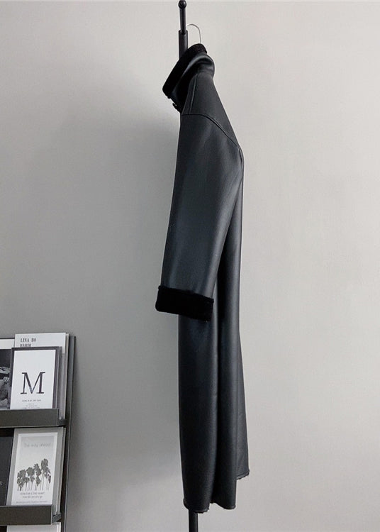 Boutique Black Stand Collar Leather and Fur Warm Coat Winter