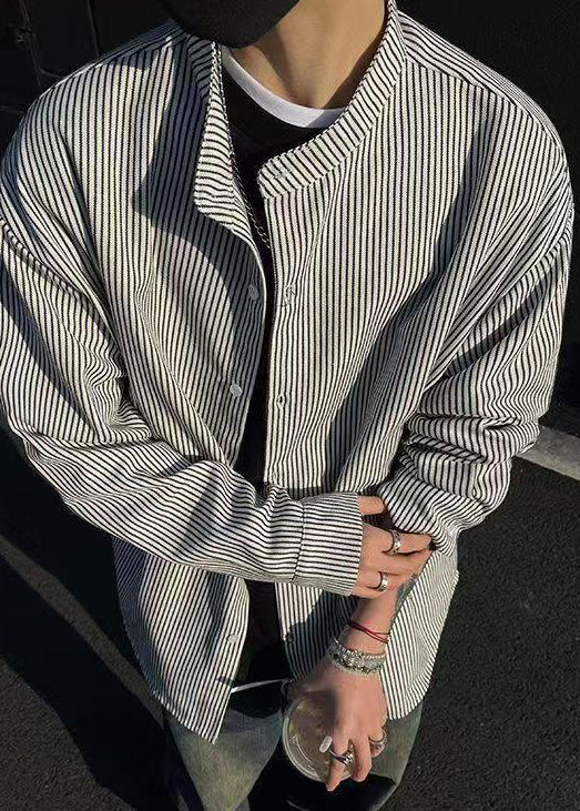Boutique Black Striped Button Cotton Men's Shirts Spring