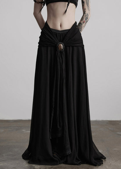 Boutique Black Tasseled Patchwork Exra Large Hem Silk Skirts Spring