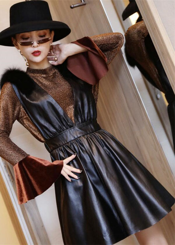 Boutique Black V Neck Fox Collar Slim Fit Sheepskin Dress Sleeveless