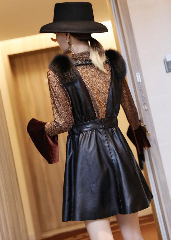 Boutique Black V Neck Fox Collar Slim Fit Sheepskin Dress Sleeveless