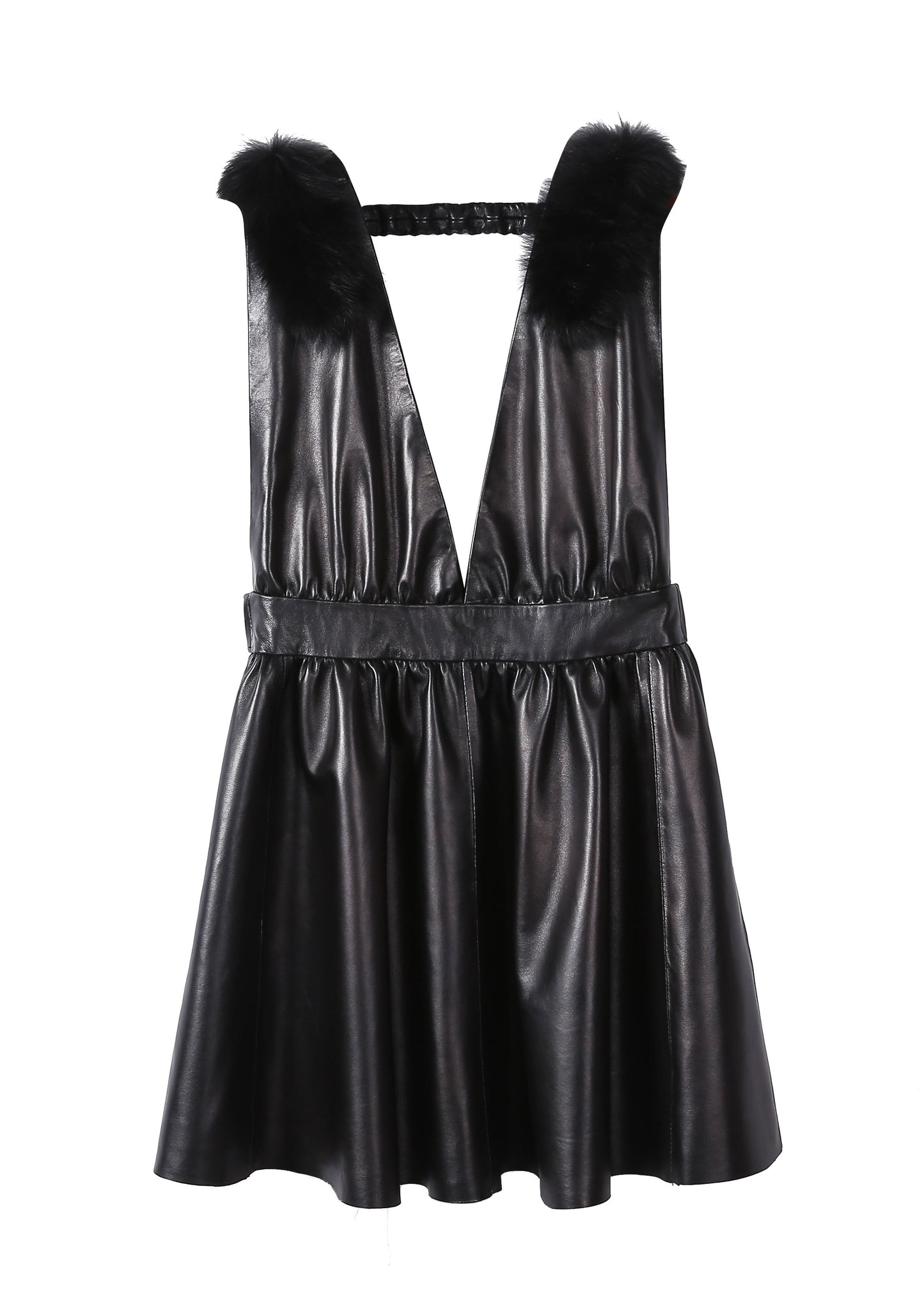 Boutique Black V Neck Fox Collar Slim Fit Sheepskin Dress Sleeveless