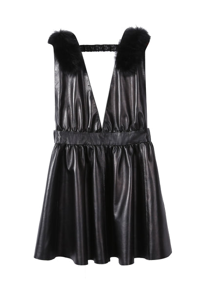 Boutique Black V Neck Fox Collar Slim Fit Sheepskin Dress Sleeveless