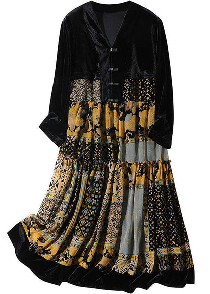 Boutique Black V Neck Patchwork Exra Large Hem Silk Velour Holiday Dress Spring