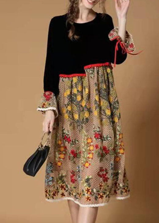 Boutique Black Yellow Flower Print Patchwork Velour Dresses Winter