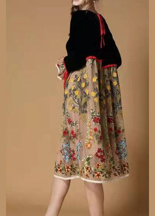Boutique Black Yellow Flower Print Patchwork Velour Dresses Winter