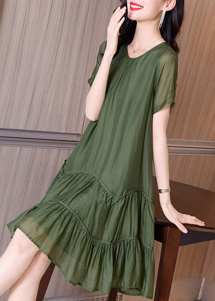 Boutique Blackish Green O-neck Ruffles Cinched Vacation Dresses Short Sleeve