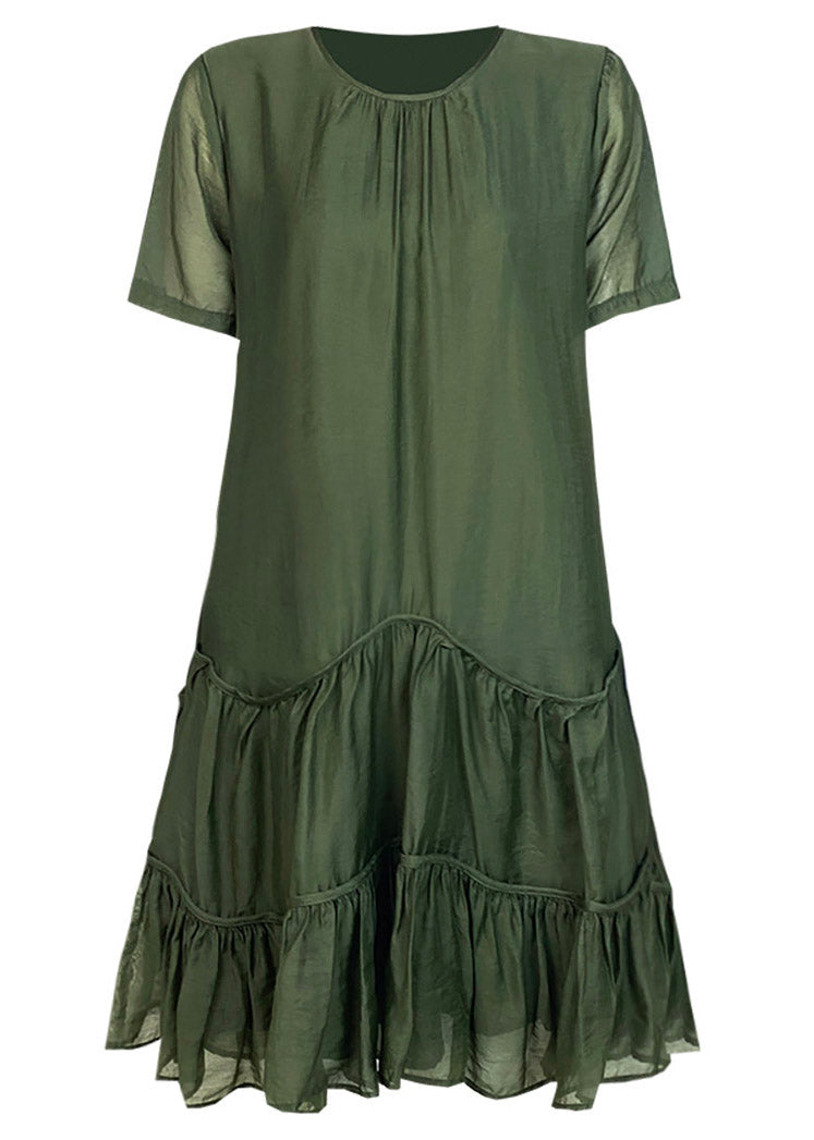 Boutique Blackish Green O-neck Ruffles Cinched Vacation Dresses Short Sleeve