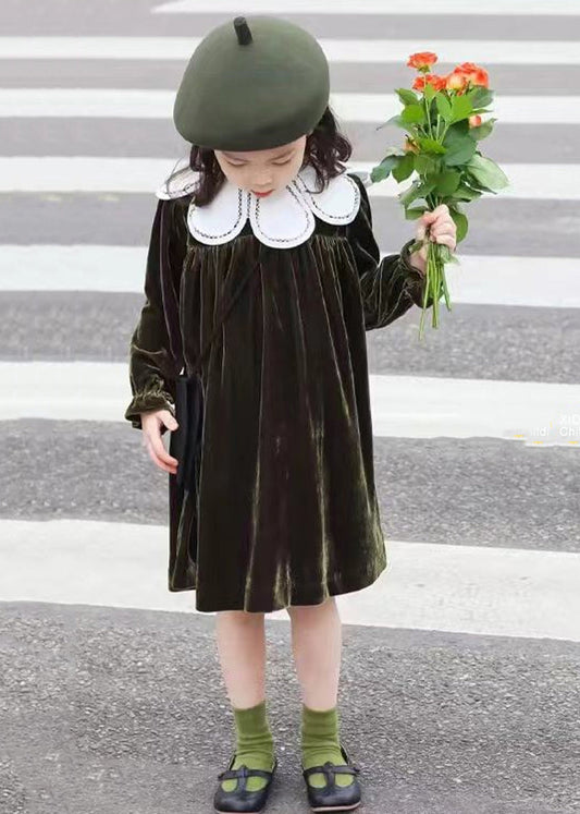 Boutique Blackish Green Wrinkled Patchwork Velour Baby Dress Fall