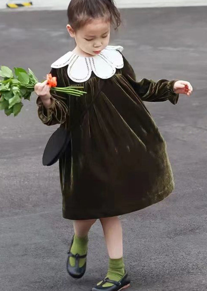 Boutique Blackish Green Wrinkled Patchwork Velour Baby Dress Fall