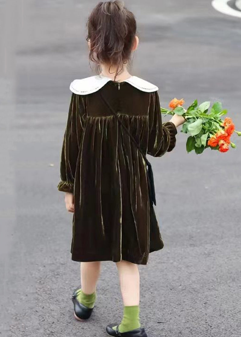 Boutique Blackish Green Wrinkled Patchwork Velour Baby Dress Fall