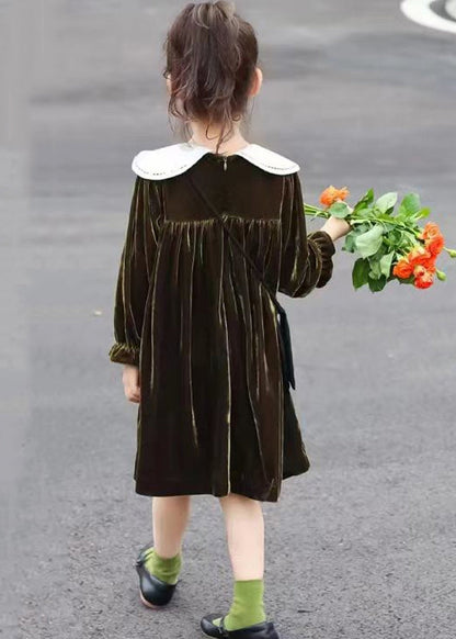 Boutique Blackish Green Wrinkled Patchwork Velour Baby Dress Fall