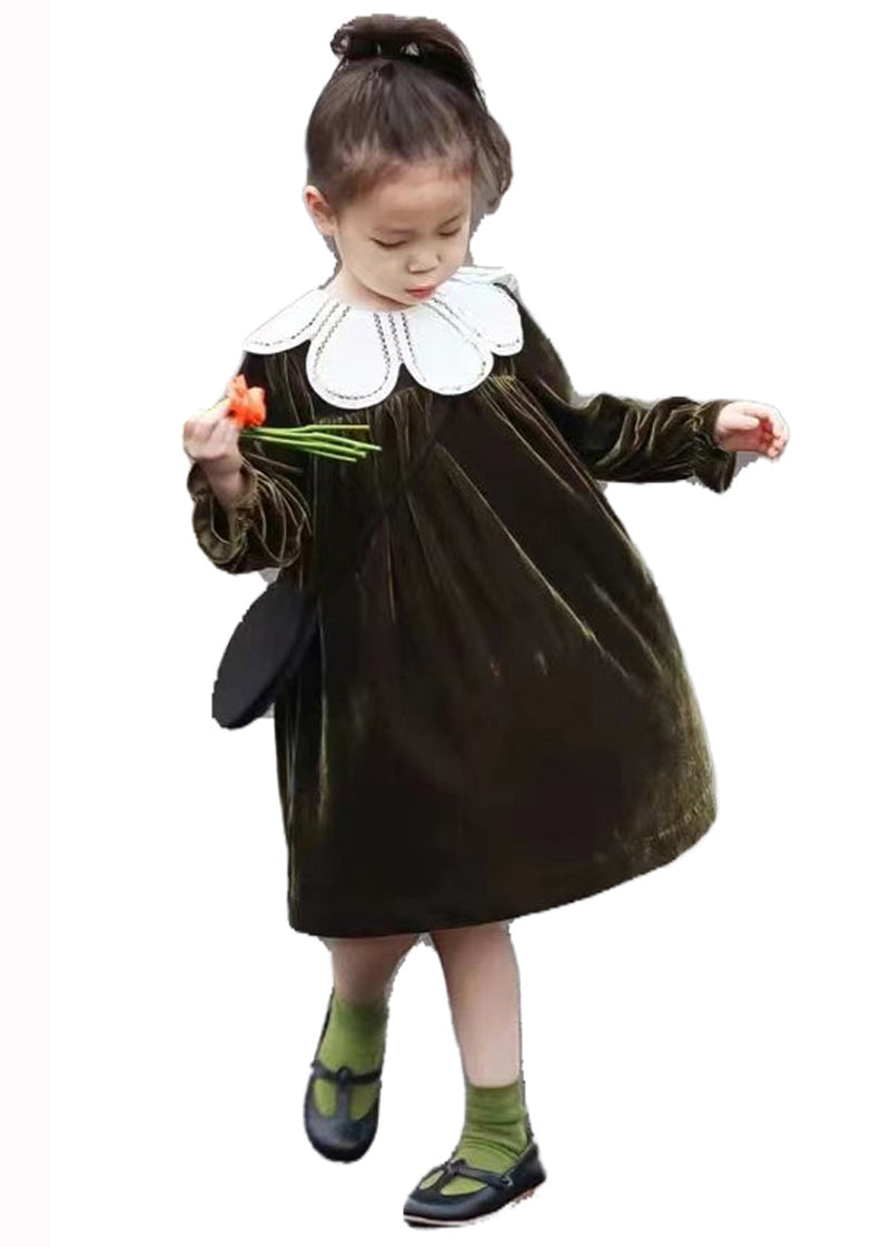 Boutique Blackish Green Wrinkled Patchwork Velour Baby Dress Fall