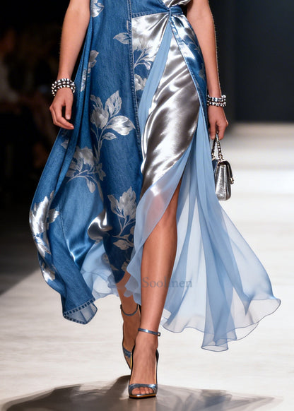 Boutique Blue Asymmetrical Patchwork Print Denim Cami Dress Summer