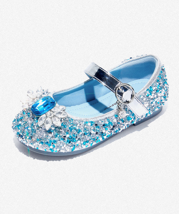 Boutique Blue Buckle Strap Kids Zircon Princess Shoes