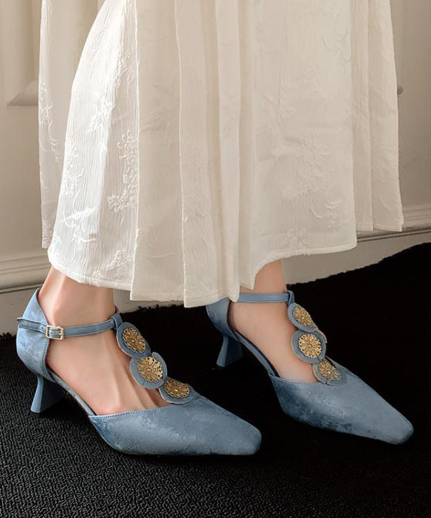 Boutique Blue Cowhide Leather High Heels Splicing