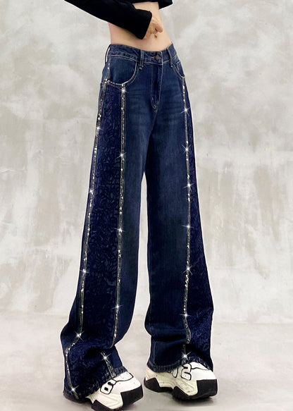 Boutique Blue Embroidered Zircon Patchwork Denim Pants Spring