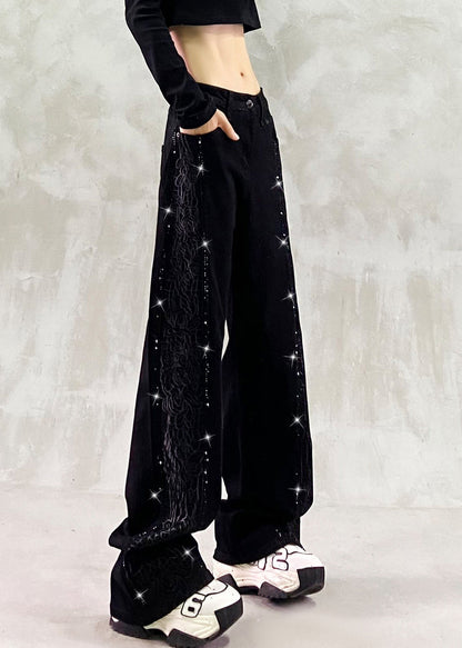 Boutique Blue Embroidered Zircon Patchwork Denim Pants Spring