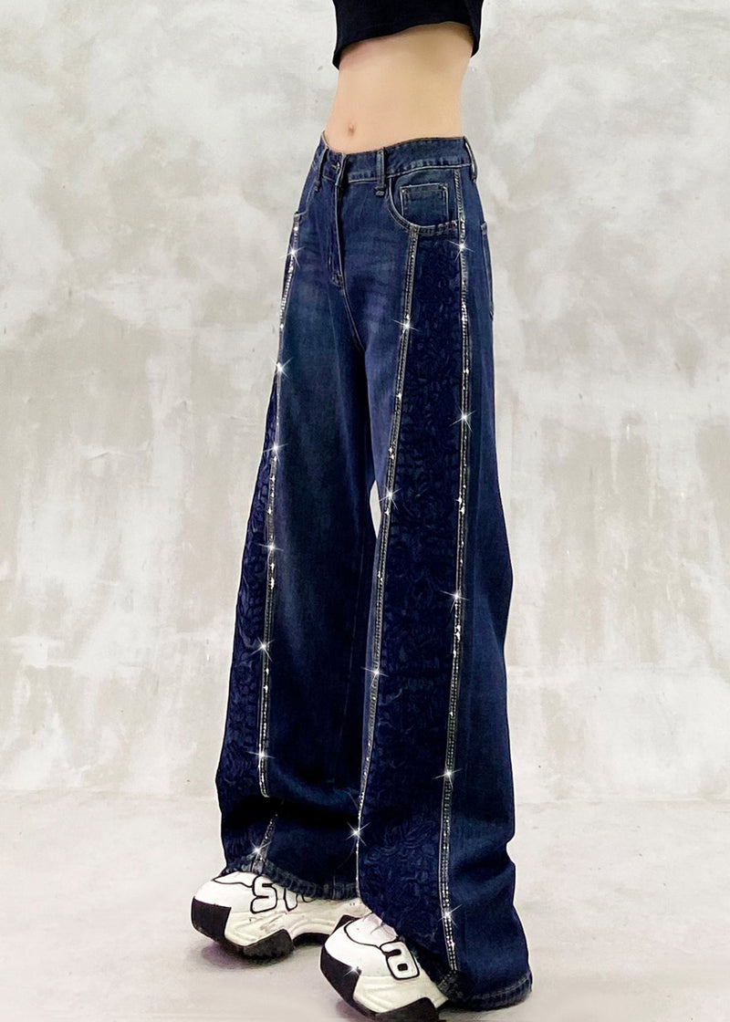 Boutique Blue Embroidered Zircon Patchwork Denim Pants Spring