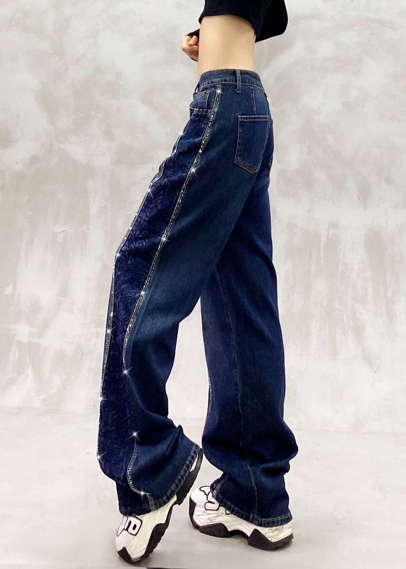 Boutique Blue Embroidered Zircon Patchwork Denim Pants Spring