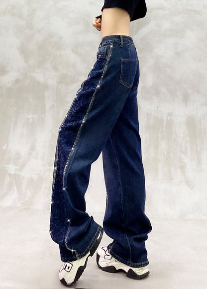 Boutique Blue Embroidered Zircon Patchwork Denim Pants Spring